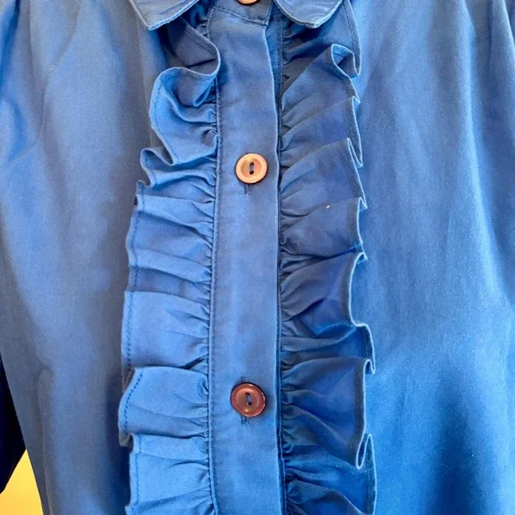 Roaman's Blouse Women's XL Blue Ruffle Front Short Sleeve Button Up Professional - Picture 4 of 10